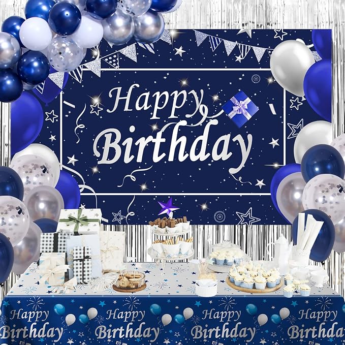 Blue and Silver Birthday Decorations for Men Women, Blue Party Decorations for Men Boys Girls Happy Birthday Backdrop Tablecloth Balloons Arch Kit White Silver Confetti Balloons Foil Fringe Curtains