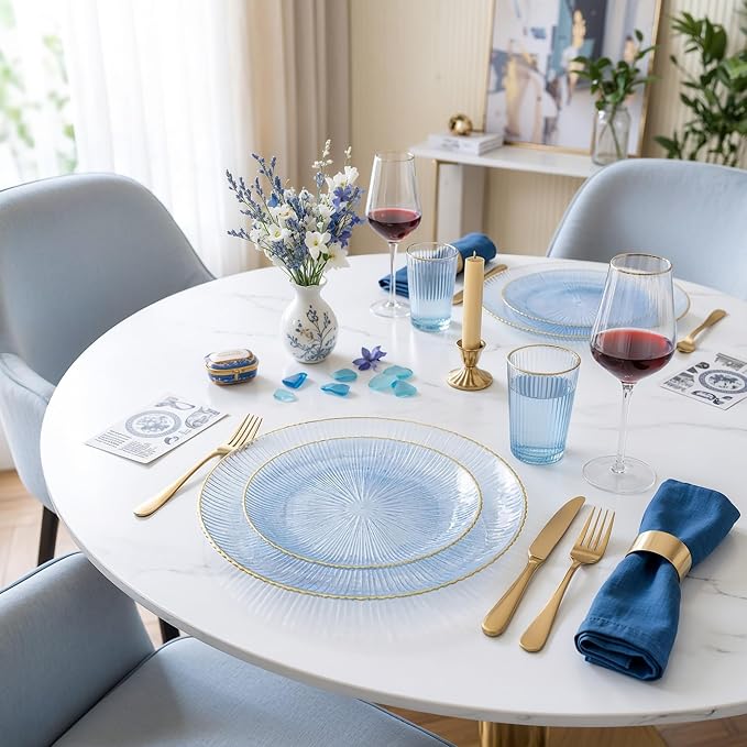 DaYammi 60Pcs Blue Plastic Plates with Gold Rimmed - Disposable Blue Plates Set Includes 30 Dinner Plate & 30 Salad Plates, Radial Texture plates Perfect for Party Wedding Dinner & Catering Events