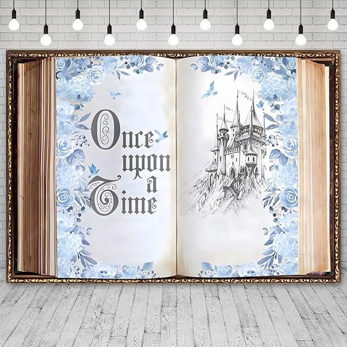 15x8ft Once Upon a Time Backdrop Fairy Tale Storybook Open Book Castle Photography Background for Princess Wedding Birthday Party Baby Shower Photo Booth Props Blue Flower Rose Vintage Decor