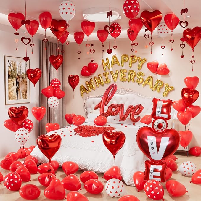 Happy Anniversary Decorations Set, Red Heart Balloons with Love Foil Balloons, Happy Anniversary Balloon Banner and Silk Rose Petals for Romantic Valentine's Day & Sweetest Day Supplies