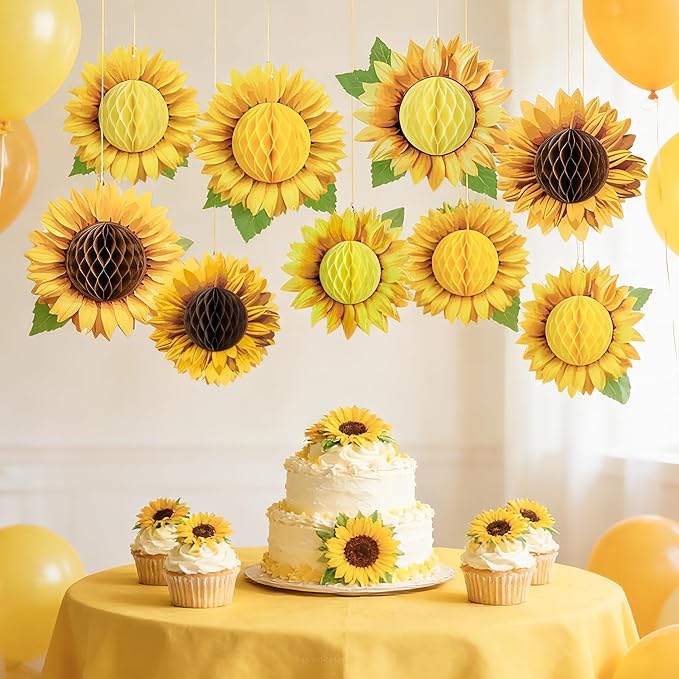 Paper Jazz Sunflower Honeycomb Decorations,Sunflower Birthday Party Decoraytion,Yellow Wall Hanging Ceilling for Spring Garden Themed Birthday Baby Shower Bridal Shower Party Favor.