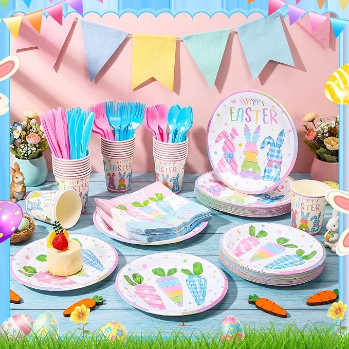 Honeydak 210 Pcs Happy Easter Party Supplies for 30 Guests, Includes Colorful Bunny Plates, Cups, Napkins, Cutlery - Cute Rabbit Carrot Tableware Decoration for Baby Shower Easter Party