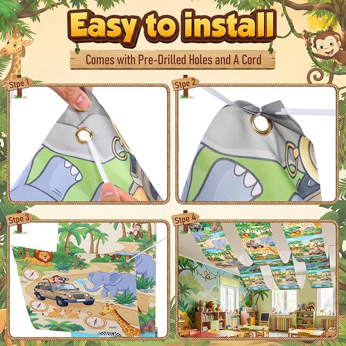Gilprop 3 Pack Jungle Safari Ceiling Decorations for Classroom, 24" x 12 ft Rainforest Animal Hanging Banners, Safari Theme Decor for Kids Birthday Party Sunday School Classroom Transformation