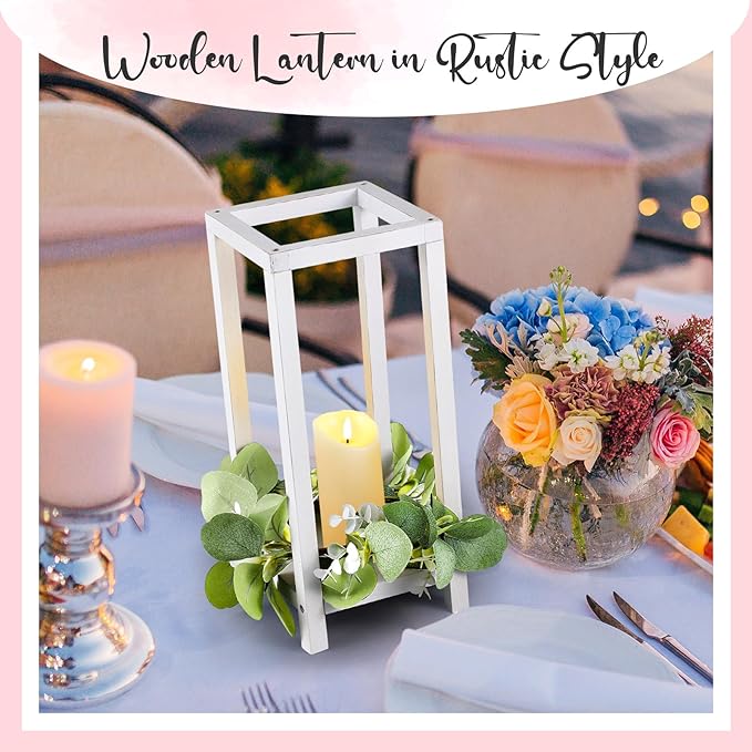 Geelin 10 Pcs Wooden Wedding Lantern Centerpiece Candle Lantern Table Wooden Candle Holder Decorative for Wedding Party Table Valentine Decor(13 in,White)