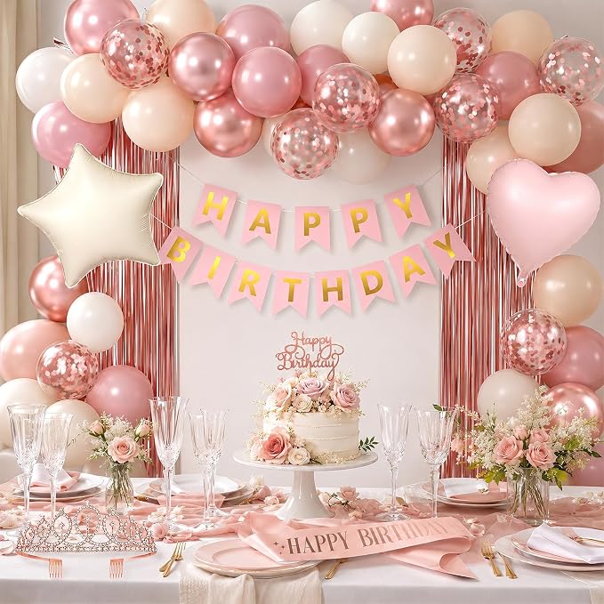 Dusty Pink Birthday Decorations for Women Girls,Retro Pink Balloons with Happy Birthday Banner,Fringe Curtain,Cake Topper,Sash and Crown for Birthday Party Supplies