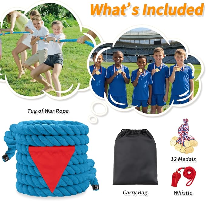 Tug of War Rope for Kids & Adults - 65ft Soft Cotton Outdoor Pulling Rope with Flag for Team Building Activities Field Day Family Reunions Birthday Parties Camping Games - Blue