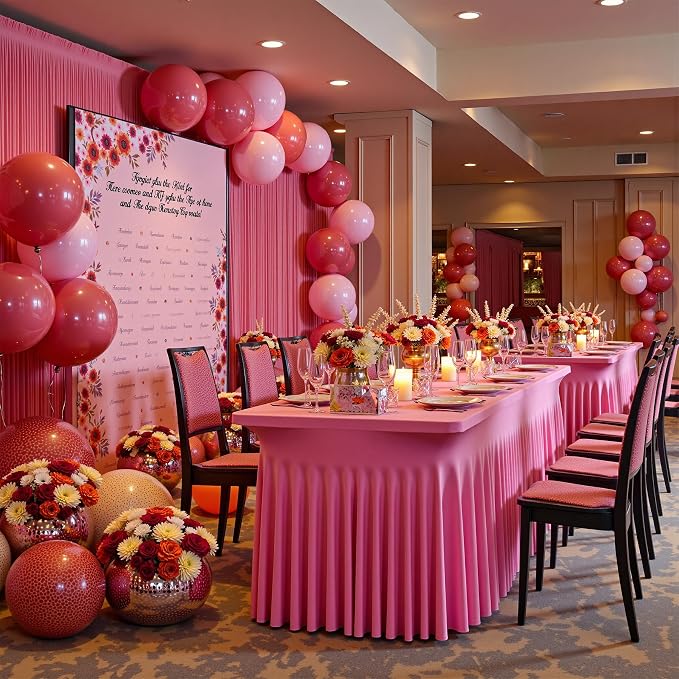 NSSONBEN 4 pk Hot Pink Spandex Tablecloth for 6 Foot Rectangle Tables, Wrinkle Free Fitted Spandex Table Covers 6ft Stretch Table Cloths with Ruffle Skirt for Parties Weddings Banquet Baby Shower