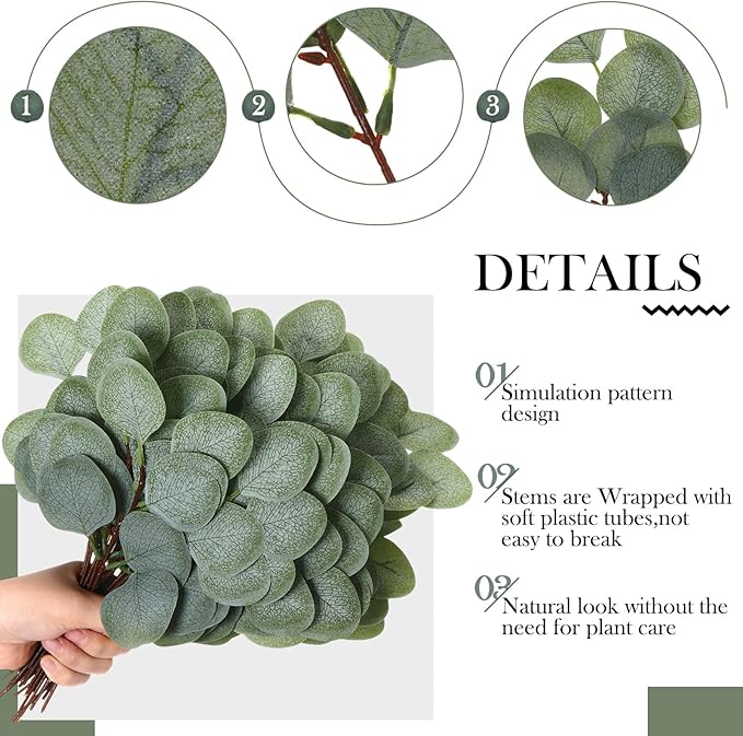 Taiyin 60 Pieces Artificial Eucalyptus Leaves for Wedding Eucalyptus Leaves Stems Decor Greenery Faux Green Stems for Wedding Centerpiece Floral Home Decor, 11 Inches