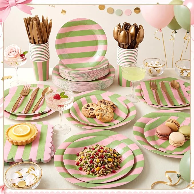 Mimorou 350 Pcs Green and Pink Striped Paper Plates and Napkins for 50 Guests, Striped Disposable Tableware Set Plates Cup Napkins Spoon Fork Knife for Wedding Baby Shower Birthday Party Supplies