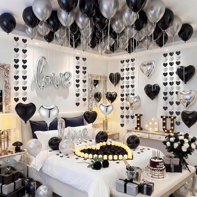 Realspring Black and Silver Balloons Hotel Room Decor for Special Night Happy Romantic Anniversary Decorations Artificial Rose Petals with Heart Lights Kit for Proposal Engagement Birthday