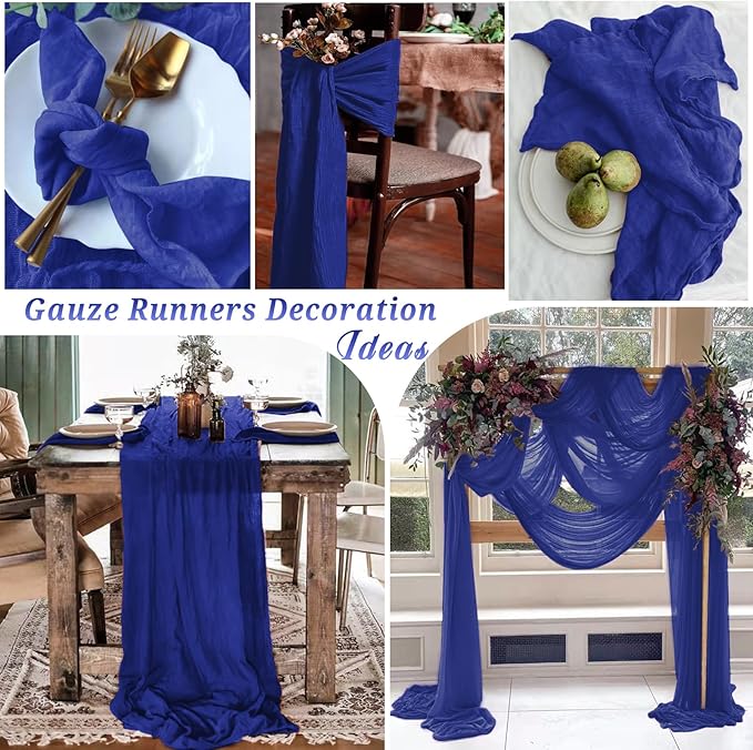 10 Pcs Royal Blue Cheesecloth Table Runner 10FT, Gauze Table Runner for Wedding Reception Sheer Bridal Shower Birthday Party Boho Table Decoration, Rustic Romantic Wedding Runner