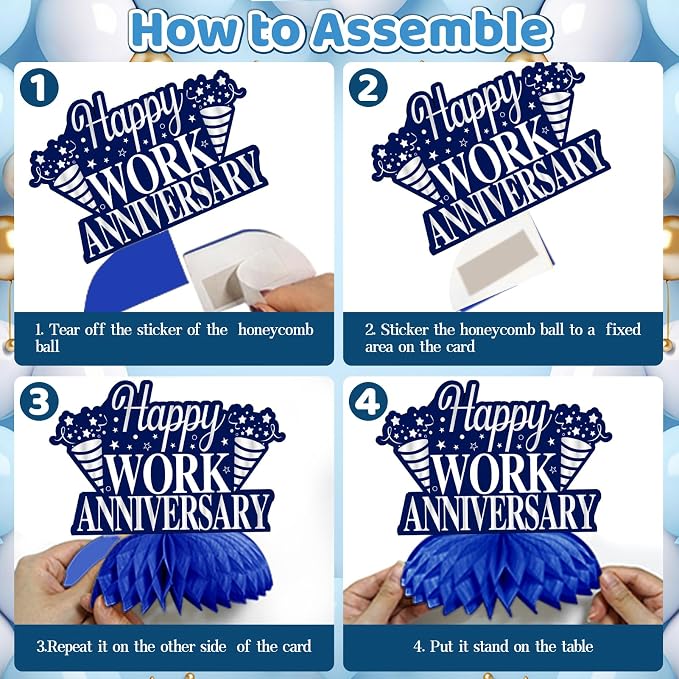 Zirtorei Happy Workiversary Decorations for Men Employee, 11pcs Blue Silver Work Anniversary Banner Party Supplies, Workiversary Honeycomb Centerpieces Hanging Swirls Business Gift for Office