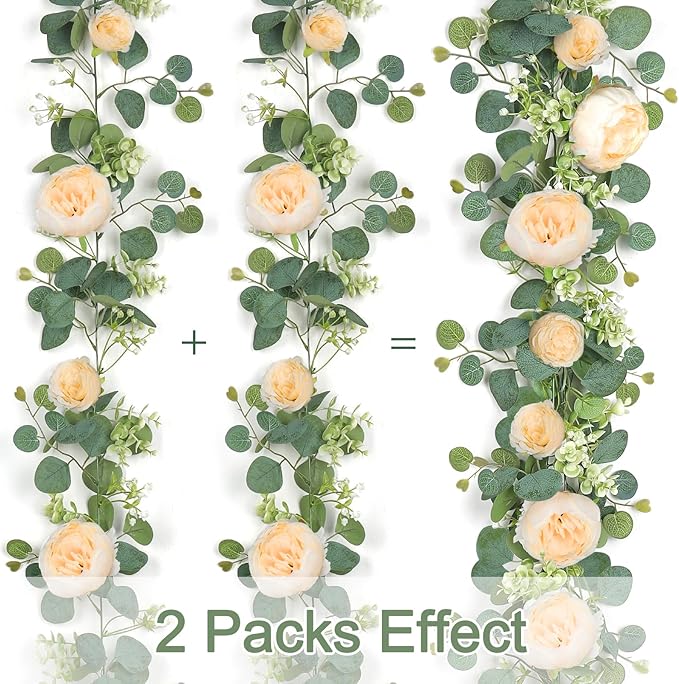 SOMYTING Artificial Flower Garlands Eucalyptus Garlands with Flowers Rose Peony Flower Vine Faux Floral Garland for Wedding Party Arch Table Wall Backdrop Decoration (Champagne, 2PCS)