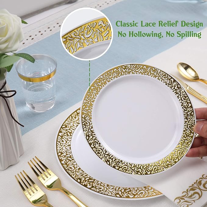 FOCUSLINE 350 Ct Gold Dinnerware Set for 50 Guests, Gold Lace Plastic Plates Disposable Heavy Duty, Including 50 Dinner & Dessert Plates, Cups, Napkins, Cutlery Set