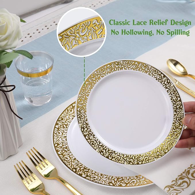 FOCUSLINE Gold Plastic Plates Set of 102, Disposable Plates with Gold Lace 51 Dinner Plate 10.25 Inch & 51 Salad Dessert Appetizer Plate 7.5 Inch, Elegant Fancy Heavy Duty Wedding Party Plates