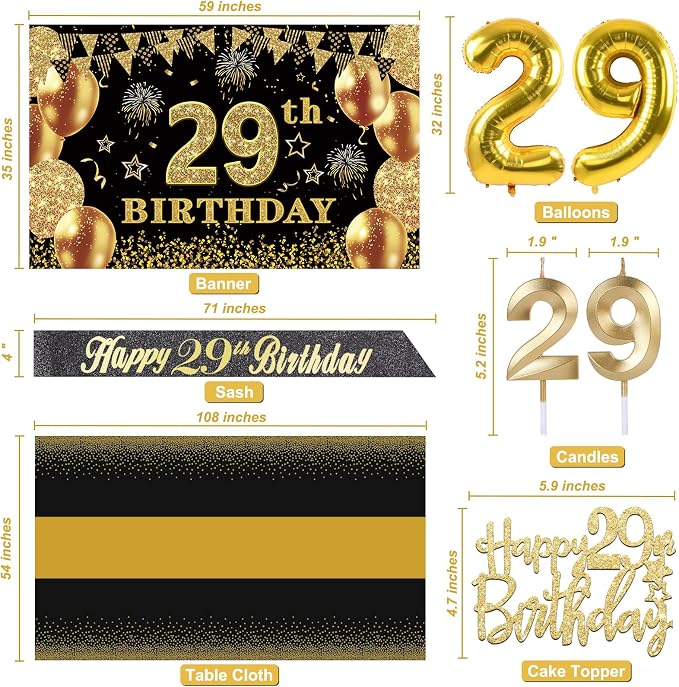 29th Birthday Decorations Men Women with 29th Birthday Banner, Black and Gold Table Cloth, Number Balloons, Large Sash, Cake Topper and Candles