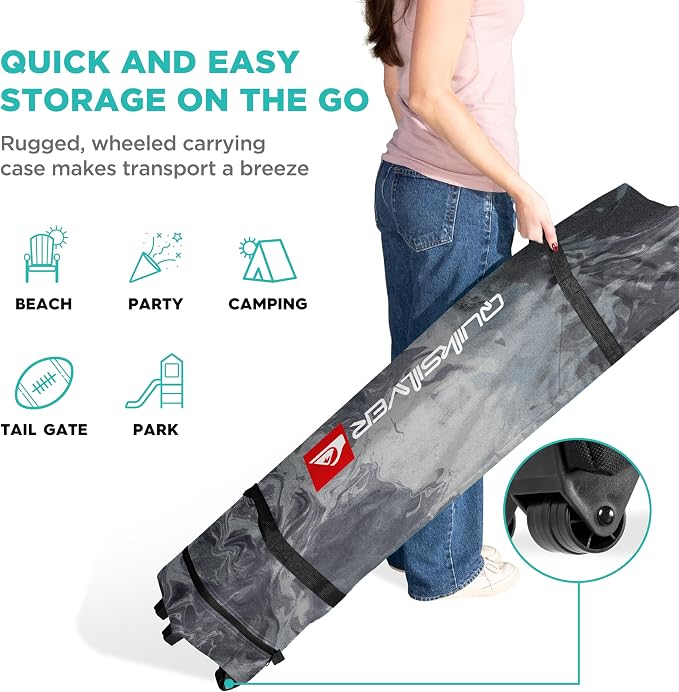 Quiksilver 10x10 Pop Up Canopy – UPF 50+ Outdoor Beach Tent with One-Push Setup – Portable Shade Shelter for Beach, Tailgate, Festivals, Camping – Water-Resistant Folding Gazebo with Wheeled Bag