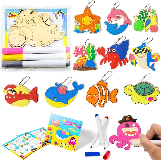 12Pack Under the Sea Party Favors, Wooden Sea Animal Painting Kit for Kids Ocean Theme Arts&Crafts Birthday Party Hanging Decorations Summer Goodie Bag Filler Pinata Stuffers Classroom Prizes for Kids