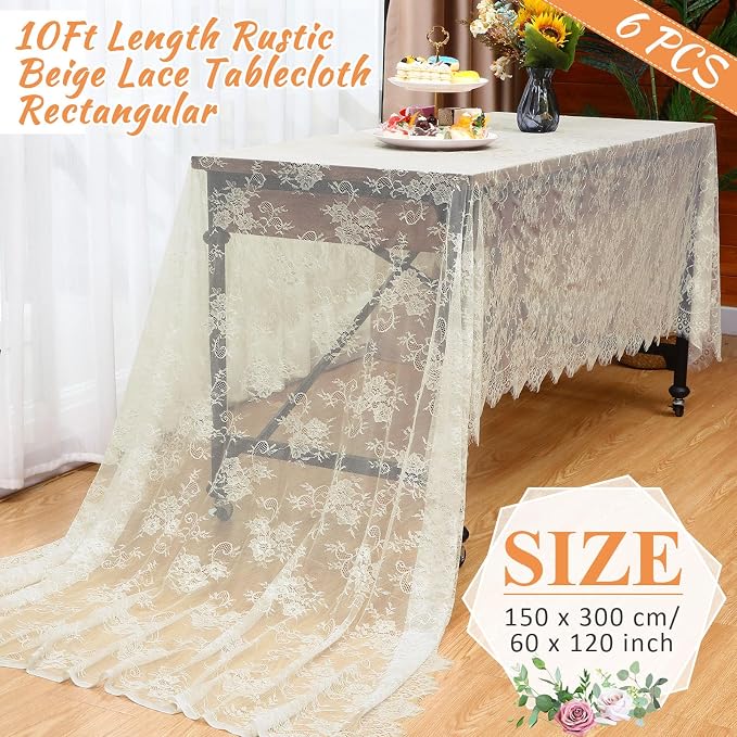 Honeydak 6 Pcs Lace Tablecloth Rectangular 60 x 120 Inch Wedding Rustic Tablecloth Overlay Rose Vintage Embroidered Wedding Reception Party Table Cover Decorations for Bridal Tea Party (Beige)