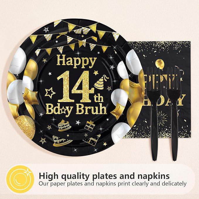 96 Pcs Bruh 14th Birthday Party Decorations Black Gold Bruh I’m 14 Plates and Napkins It's My 14th Birthday Tableware Set for Teen Boys and Girls 14 Years Old Party Supplies, Serves 24