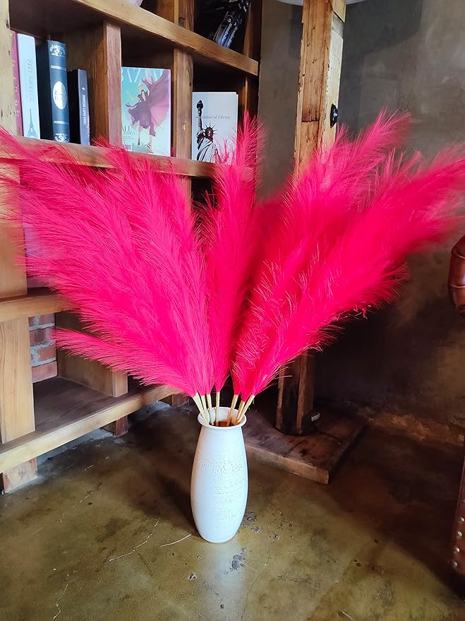 Premium Faux Red Pampas Grass – 43.3" Tall Fluffy Vibrant Decor, 8pcs 18-Branch One-Piece Stems No Assembly, Luxury Silk-Feel Feather Flowers for Valentine's Day Christmas Wedding Home Decor