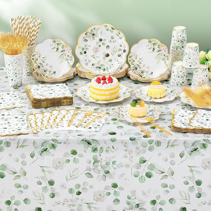 Potchen 452 Pcs Party Supplies Serve 50 Guests, Paper Plates Napkins Cups Cutlery Plastic Tablecloth Dinnerware for Birthday Wedding Party Decoration(Sage Green, Eucalyptus Leaves)