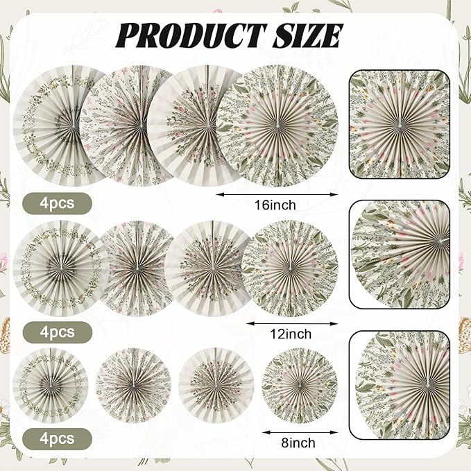 Feifeiya 12 Pcs Antique Herbs and Wild Floral Hanging Paper Fans 8'' 12'' 16'' Botanical Herbs Vintage Wildflower Paper Fans Hanging Ornaments Set for Wedding Birthday Spring Summer Party Decoration