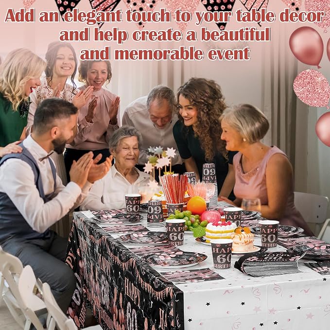 Funnymoom 452pcs 60th Birthday Party Decorations for Women, Black Rose Gold Birthday Supplies, Cheers Tableware Set, Disposable Plates Cups Napkins Cutlery Tablecloth for 50 Guests