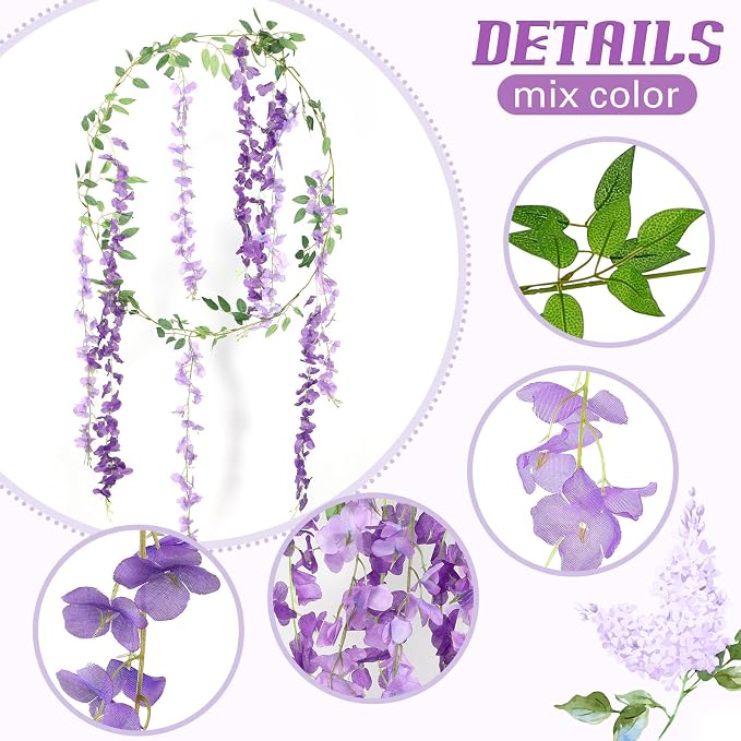 Thiccywoov 4pcs Wisteria Artificial Flowers Garland, 7.2Ft/Piece Wisteria Hanging Flowers Garland for Wedding Arch Decoration Outdoor Ceremony Home Backdrop Garden (Purple,Light Purple)