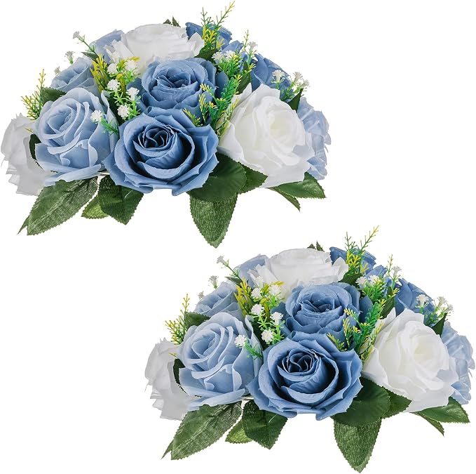 NUPTIO Flower Balls Wedding Table Centerpieces, Dusty Blue & White Roses | 2 Pcs Artificial Silk Floral Bouquet Arrangement, for Bridal Shower, Birthday Party, Quinceanera, Event Decorations