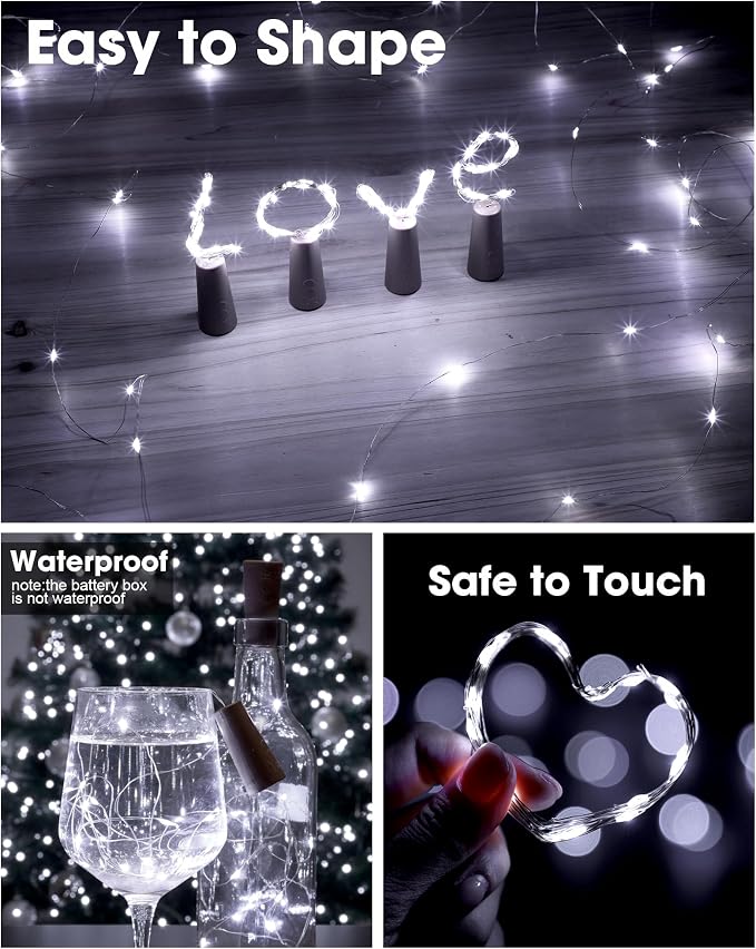 Hortsun 40 Pack Wine Bottle LED Lights with Cork Fairy Mini String Lights Battery Operated Mini Waterproof 7 ft Silver Wire 20 LED Cork Shape for Valentines, DIY, Party, Decor, Wedding (Cool White)