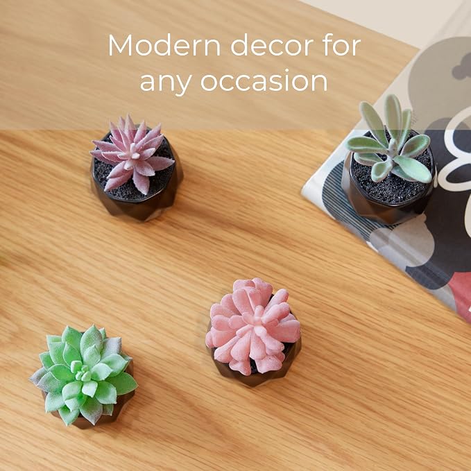 Nordik Set of 4 Desk Plants - Geometric Round Black Pots - Perfect for Bathroom, Bedroom Decor Aesthetic - Ceramic Fake Plant for Office or Living Room Decor - Ideal for Women