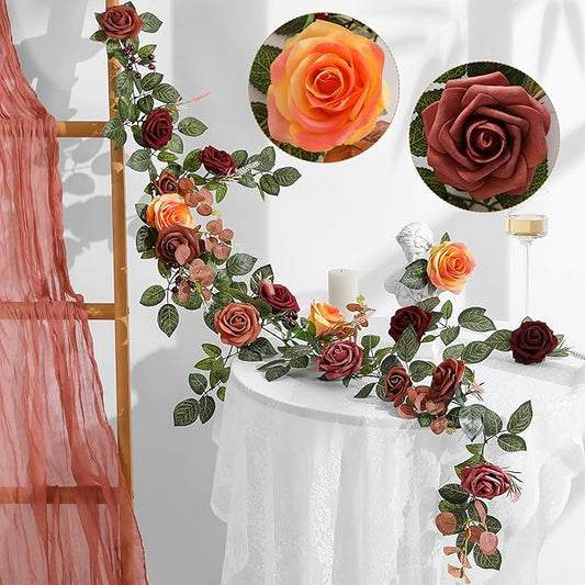 Garisey 5FT Terracotta Artificial Flower Garland Fall Floral Garland Burnt Orange Arch Rose Vine for Wedding Ceremony Party Backdrop Decor Arch Flowers Mantel Table Centerpieces Decorations