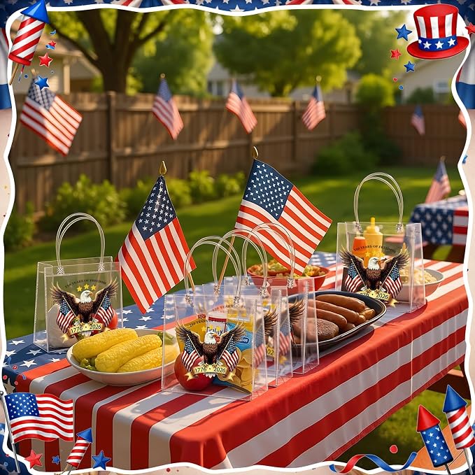 Teenyyou 24 Pcs 250th Anniversary Clear Gift Bags with Handles 4th of July Patriotic USA Eagle Transparent Tote Bags Memorial Day Goodie Candy Treat Gift Container for Independence Day Party Supplies
