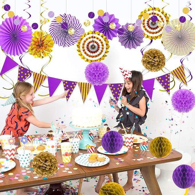 Purple Gold Party Decorations, Graduation Season Hanging Glitter Triangle Flags Banner Paper Fan Tissue Pom Poms Garlands, Women Girl Party, Bridal Shower, Purple Themed Birthday