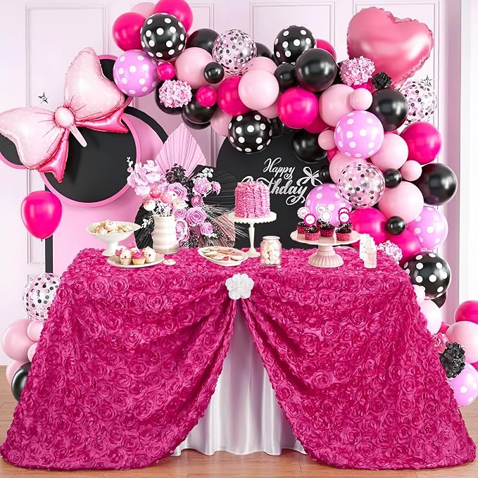 Fanqisi Party Hot Pink Table Cloth: 3D Floral Raised Rosettes Tablecloth - Rectangular 90x132 Inches Satin Tablecloth for Bridal Shower Meeting Events Decoration