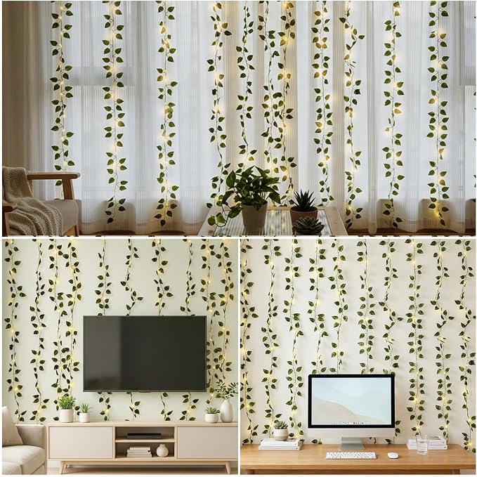 Bexdir 200 LED Curtain Vine Lights for Bedroom Decoration, 6.6x6.6ft Pre-Assembled Hanging Fake Vines with Fairy Lights USB Powered, Aesthetic Artificial Pothos Lights for Room Wall Decor