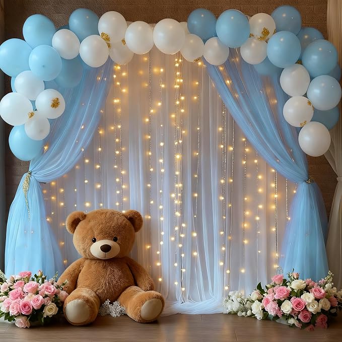 10x10ft Baby Blue Tulle Backdrop Curtain with Lights String for Parites, Sheer Photo Backdrop Curtains with Lights for Wedding Backdrop Ceremony Reception Bridal Shower Baby Shower Birthday Party
