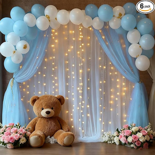 30x10ft Baby Blue Tulle Backdrop Curtain with Lights String for Parites, Sheer Photo Backdrop Curtains with Lights for Wedding Backdrop Ceremony Reception Bridal Shower Baby Shower Birthday Party