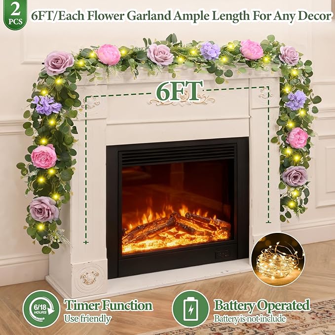 Livole 6 FT Artificial Flower Garland with Lights Pink Fake Roses Peony Floral Garland with Eucalyptus Flower Hanging Vine for Wedding Arch Table Centerpieces Backdrop Party Home Decorations