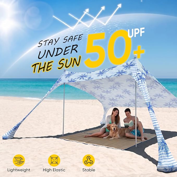Sekey Aluminum Beach Shade Sun Shelter UPF 50+ - 6.5x6.5 FT Portable Beach Canopy with Windproof Rope & Stability Poles, Easy Setup Outdoor Tent for Camping, Backyard, Fishing, Picnics