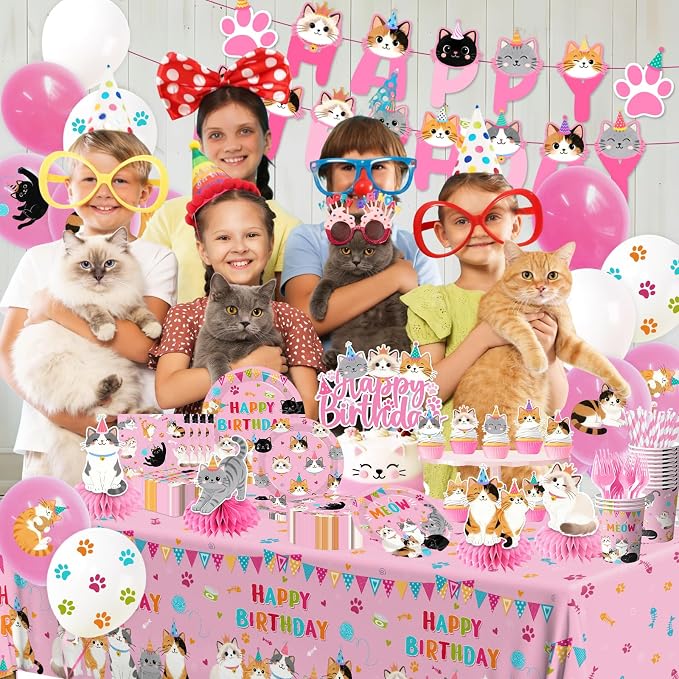204Pcs Cat Birthday Decorations - Cat Birthday Party Supplies Include Plates,Napkins,Banner,Tablecloth,Hanging Swirls,Cake Toppers Pink Themed Decoration for Boys Girls Party Serves 24