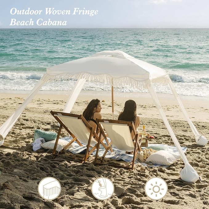 AMMSUN Beach Cabana with Fringe, 7' x 7' Boho Beach Canopy with Tassels, Easy Set up & Premium Wood Pole, Cabana Tent with Sand Pockets, Instant Sun Shade for Sand, Garden, Patio, Elegant White
