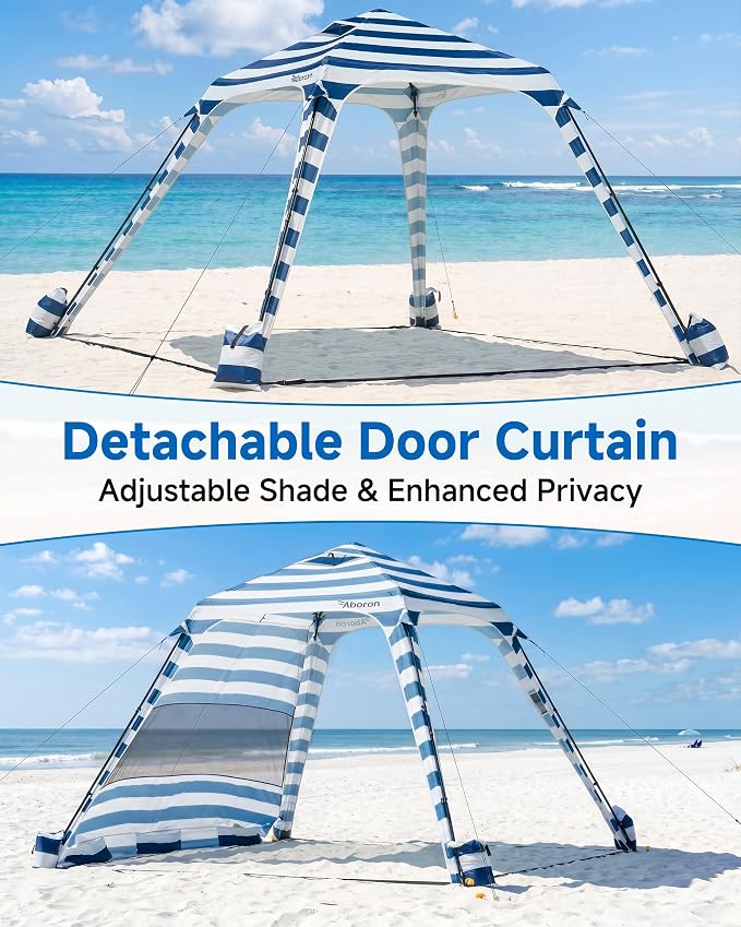 Slsy Beach Tent 10 x 10 FT, Beach Shelter with Removable Side Wall, UPF 50+ Sun Protection Canopy Cabana, Easy Setup Shade with Sandbags, Stakes & Guy Lines, Wind Resistant, Fits 6 People