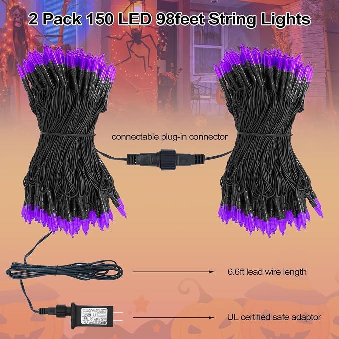 Halloween Lights, 2 Pack 98ft 150 Count String Lights, Plug-in Waterproof Fall Lights for Spooky Halloween Yard Party Decor (Purple, 150 Count - 2 Pack)