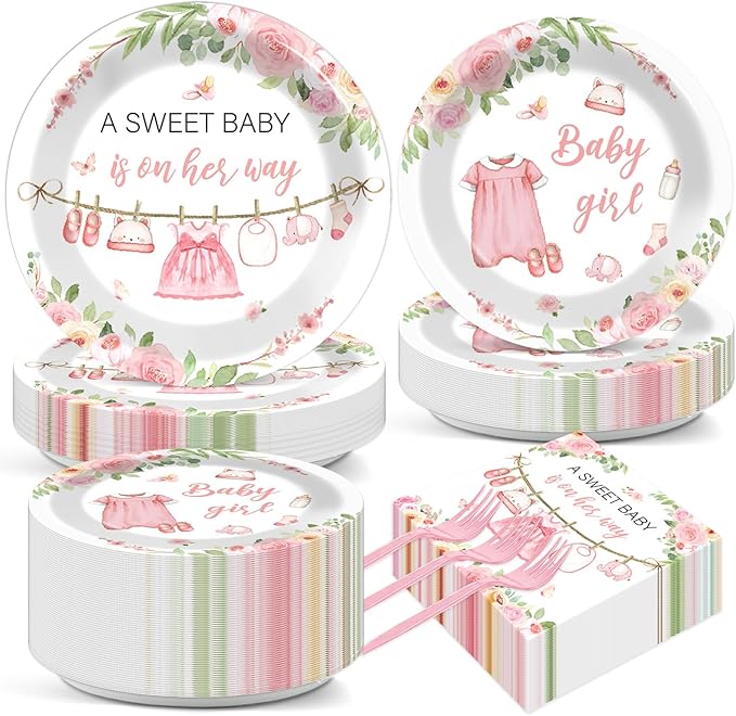 Justforjoyful 200Pcs Floral Baby Girl Shower Plates and Napkins Decoration Pink Girl Party Tableware Dinnerware Set Spring Rose Gold Paper Plates for Baby Gender Reveal Party Supplies Serves 50