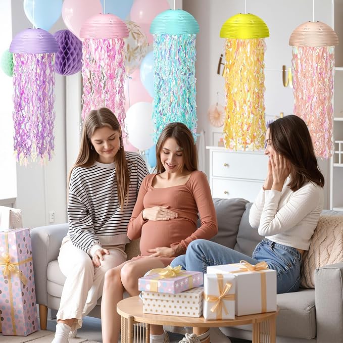 Baquler Set of 12 Jellyfish Paper Lanterns 10 Inch Mermaid Semicircle Lanterns Hanging Decoration for Classroom Baby Shower Under the Sea Ocean Theme Birthday Party Decorations (Macaron Colors)