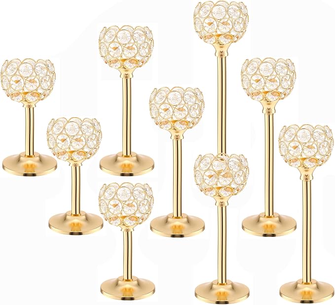 Gold Crystal Tealight Candle Holder Set of 9, Elegant Gold Candles Table Centerpieces, Tall Bling Bowl Candelabra Decor for Wedding, Dining Table, Fireplace Mantel & Party Decoration