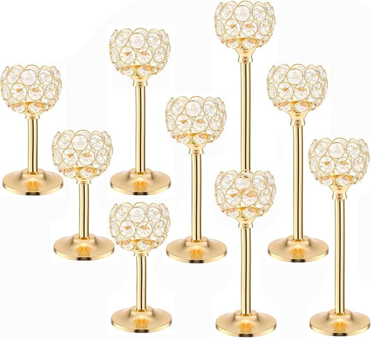 Gold Crystal Tealight Candle Holder Set of 9, Elegant Gold Candles Table Centerpieces, Tall Bling Bowl Candelabra Decor for Wedding, Dining Table, Fireplace Mantel & Party Decoration