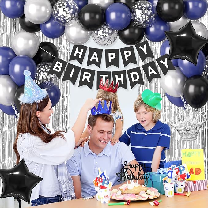 Navy Blue and Black Birthday Decorations for Men, Black Blue Confetti Balloon with 'HAPPY BIRTHDAY' Banner Fringe Curtains Crown Foil Balloons Cake Topper for Men Boys Adults Party Decor